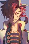  1boy absurdres earrings fate/grand_order fate_(series) hair_over_one_eye highres jewelry low_ponytail male_focus portrait red_eyes red_hair smile takasugi_shinsaku_(fate) tei4_en9 