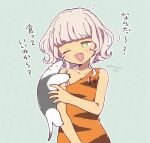  1girl :3 animal animal_on_arm animal_print anteater bare_shoulders blush commentary_request dark-skinned_female dark_skin dress green_eyes grey_hair looking_at_another one_eye_closed open_mouth orange_dress outline pretty_series pripara short_hair short_hair_with_long_locks smile solo taiyo_pepper terayamaden tiger_print translation_request upper_body white_outline 