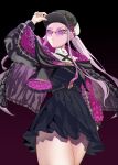  1girl adjusting_clothes adjusting_headwear black_cape black_dress black_headwear cape closed_mouth commentary dress fate/grand_order fate_(series) fingernails glasses hat highres long_hair long_sleeves looking_at_viewer medusa_(fate) medusa_(saber)_(fate) pink-tinted_eyewear pink_eyes pink_hair simple_background solo sunglasses symbol-shaped_pupils takotobuta tinted_eyewear twintails 