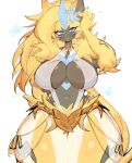 1girl black_skin blonde_hair blue_eyes blush body_fur breasts colored_skin commission cowboy_shot fingernails gold highres jewelry large_breasts looking_at_viewer navel pokemon pokemon_(creature) sharp_fingernails simple_background smile solo standing thick_thighs thighs usa37107692 white_background zeraora 