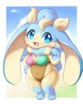  2023 anthro beach blue_body blue_eyes blue_fur blush breasts chibi cleavage clothed clothing cloud dewlap_(anatomy) digital_media_(artwork) female floppy_ears fur hi_res kemono lagomorph leporid long_ears looking_at_viewer lop_ears mammal multicolored_body multicolored_fur one-piece_swimsuit open_mouth open_smile overweight overweight_female rabbit ryuma210 seaside short short_stack simple_background sky smile sofu_(pyritie) solo swimwear swirl tan_body tan_fur thick_thighs tuft two_tone_body two_tone_fur 