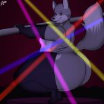  absurd_res anthro bedroom_eyes big_butt butt canid canine canis chubby_male clothing cosmosarts dancer_outfit dancer_position gloves handwear hi_res inviting latex_gloves latex_stockings male mammal narrowed_eyes seductive solo spicy_(spicytap) thick_thighs wide_hips wolf 