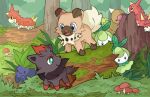  :d aqua_eyes blue_eyes bright_pupils closed_mouth commentary day english_commentary fangs forest grass highres log looking_at_another looking_back mjoyart moss mushroom nature no_humans oddish open_mouth outdoors petilil plant pokemon pokemon_(creature) red_eyes rock rockruff smile tree tree_stump weedle white_pupils wurmple zorua 