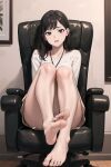  1girl artist_request bare_legs barefoot black_hair breasts chair couch feet foot_focus highres lanyard legs long_hair looking_at_viewer office office_chair office_lady open_mouth original shirt soles swivel_chair thighs toes white_shirt 