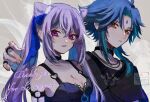  1boy 1girl alternate_costume aqua_hair black_hair bokuhaboku commission facial_mark forehead_mark genshin_impact highres keqing_(genshin_impact) long_hair looking_at_viewer multicolored_hair parted_lips pixiv_commission purple_eyes purple_hair short_hair teeth thank_you twintails xiao_(genshin_impact) yellow_eyes 