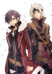  2boys ahoge belt black_hair coat crow_armbrust eiyuu_densetsu embers gloves headband highres looking_at_viewer multiple_boys purple_eyes rean_schwarzer red_eyes satsuki_(chaosmode) sen_no_kiseki sen_no_kiseki_ii white_hair 