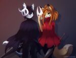  16:9 2023 anthro arthropod breasts canid canine canis cloak clothed clothing cosplay digital_media_(artwork) domestic_cat duo eipril elisabeth_(eipril) felid feline felis female fox hair halloween hi_res holidays hollow_knight hornet_(hollow_knight) insect male mammal mask melee_weapon rouen_(eipril) silksong sword team_cherry weapon widescreen 