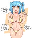  1girl @_@ absurdres bikini blue_hair blush breasts brown_eyes cleavage cowboy_shot earrings embarrassed gold_bikini gradient_hair hair_ornament hairclip hands_up highleg highleg_bikini highres hoop_earrings ii_(peps_art) jewelry large_breasts looking_at_breasts looking_down multicolored_hair navel navel_piercing nervous_smile open_mouth original peps_art piercing shiny_clothes shiny_swimsuit short_twintails side-tie_bikini_bottom sidelocks simple_background smile solo_focus speech_bubble stomach straight-on string_bikini sweat swept_bangs swimsuit twintails vi_(peps_art) 