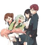  1boy 4girls absurdres annoyed bags_under_eyes black_hair black_shirt black_thighhighs blue_sailor_collar brown_eyes brown_hair clenched_teeth closed_eyes falling frown glasses green_hair green_jacket highres jacket komaro-chan kotobuki_hisako long_sleeves mizunoe_ume muchi_maro multiple_girls open_mouth otori-tan pants pink_hair rectangular_eyewear sailor_collar seitokai_nimo_anawa_aru! semi-rimless_eyewear shirt simple_background skirt surprised sweatdrop teeth terui_arisu thighhighs walking white_background white_shirt 