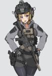  blonde_hair earmuffs ellen_aice gloves gun hands_on_own_hips helmet highres military mordeth muv-luv muv-luv:_dimensions muv-luv_alternative muv-luv_unlimited:_the_day_after purple_eyes rifle weapon 