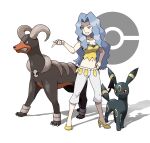  1girl breasts capri_pants cleavage collarbone commentary_request eyelashes grey_eyes grey_hair grin hand_on_own_hip high_heels highres houndoom karen_(pokemon) long_hair navel off-shoulder_shirt off_shoulder pants poke_ball_symbol pokemon pokemon_(creature) pokemon_(game) pokemon_hgss shirt smile standing teru_zeta umbreon white_background white_pants yellow_footwear yellow_shirt 