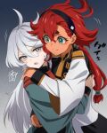  2girls annoyed black_shirt blue_background blue_eyes blue_hairband blue_shirt grey_eyes gundam gundam_suisei_no_majo hair_ornament hairband highres hug long_hair military military_uniform miorine_rembran multiple_girls nakahira_guy open_mouth red_hair shirt smile suletta_mercury translation_request uniform white_hair 