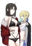  2girls ahoge artoria_pendragon_(fate) artoria_pendragon_(swimsuit_archer)_(fate) bikini black_bikini black_hair blonde_hair breasts cleavage eating egomeshi fate/grand_order fate_(series) food green_eyes grey_eyes highres holding ice_cream jacket kara_no_kyoukai looking_at_viewer multiple_girls open_clothes pixiv_fate/grand_order_contest_1 popsicle ryougi_shiki saber short_hair stomach swimsuit white_bikini 