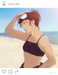  1girl aquiline_nose beach blurry breasts brown_eyes brown_hair commentary contemporary depth_of_field goggles goggles_on_head hand_on_own_head hange_zoe hanpetos instagram lens_flare midriff ocean ponytail shingeki_no_kyojin small_breasts solo sports_bra sunlight upper_body 