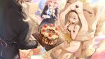  1boy 2girls acco_(sh_in) animal_costume bare_shoulders birthday_cake black_jacket blonde_hair blue_eyes breasts cake can_(honkai_impact) closed_mouth commentary commentary_request confetti costume cup dress food fruit green_eyes hair_between_eyes heterochromia highres holding holding_cup honkai_(series) honkai_impact_3rd jacket kalpas_(honkai_impact) long_hair multiple_girls necktie open_mouth pardofelis_(honkai_impact) pink_hair purple_eyes sakura_(honkai_impact) short_hair small_breasts smile strawberry 