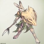  1:1 anthro biped claws dipstick_ears ear_piercing hare holding_object holding_weapon lagomorph leporid lizet male mammal multicolored_ears piercing rust_(lizet) shield solo weapon 