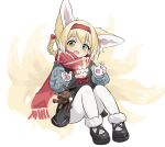  1girl :d absurdres alternate_costume amiya_(arknights) animal_ear_fluff animal_ears arknights black_dress black_footwear blonde_hair braid chinese_commentary commentary_request dress fox_ears fox_girl fox_tail full_body fur-trimmed_footwear green_eyes grey_sweater hairband highres kitsune knees_up kyuubi looking_at_viewer multiple_tails open_mouth pantyhose paw_print paw_print_palms red_hairband red_scarf revision scarf shio_(7203802) shoes simple_background sitting smile snowflakes solo stuffed_animal stuffed_rabbit stuffed_toy suzuran_(arknights) sweater tail white_background white_pantyhose 