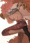  1boy abs absurdres bare_pectorals blonde_hair chamsut0905 coat donquixote_doflamingo facing_away fighting_stance foot_out_of_frame from_behind highres large_pectorals male_focus muscular muscular_male nipples one_piece pants pectorals running shirt short_hair solo 