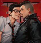  2boys absurdres black_hair black_jacket closed_mouth collared_shirt david_king_(dead_by_daylight) dead_by_daylight dessa_nya dwight_fairfield highres jacket looking_at_another male_focus multiple_boys neck_tattoo necktie shirt short_hair smile tattoo upper_body white_shirt yaoi 