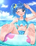  1girl ahoge arm_up armpits barefoot bikini blue_bikini blue_eyes blue_hair blue_sky blurry blurry_background blush bow cloud cloudy_sky collarbone commentary_request day feet foot_focus frilled_bikini frills full_body hair_bow hinosaki hirogaru_sky!_precure innertube knees_up leaning_back legs long_hair navel ocean on_innertube one_eye_closed open_mouth paid_reward_available precure shiny_skin side_ponytail sky soles solo sora_harewataru swimsuit teeth toenails toes upper_teeth_only wet yellow_bow 