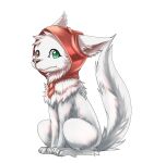 ambiguous_gender canid chest_tuft ears_back feral full-length_portrait fur green_eyes head_tuft heterochromia hi_res kuttoyaki leg_tuft looking_at_viewer mammal monotone_body monotone_fur mouth_closed pivoted_ears portrait red_eyes red_hood simple_background sitting solo tuft white_background white_body white_fur 