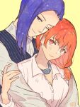  1boy 1girl alternate_costume collared_shirt couple fire_emblem fire_emblem:_three_houses hetero hug hug_from_behind kh_(tanakananataka) leonie_pinelli looking_at_viewer lorenz_hellman_gloucester orange_eyes orange_hair purple_eyes purple_hair shirt upper_body 