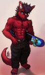  absurd_res anthro bodily_fluids bottomwear claws clothing collar dragon facial_hair fluffy fluffy_body fluffy_tail fur furred_dragon goatee gradient_background hair hi_res jwbash looking_away male pants purple_hair shirtless simple_background skateboard small_waist solo sweat tail thin_body 