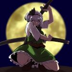  1girl absurdres black_hairband blurry blurry_background closed_mouth commentary_request full_body full_moon green_eyes green_skirt green_vest grey_hair hairband highres holding holding_sword holding_weapon konpaku_youmu moon multiple_swords shirt short_hair short_sleeves skirt smile solo squatting strong_anus sword sword_behind_back touhou vest weapon white_shirt 