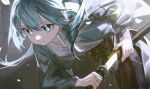  1girl alternate_costume backlighting battou_(vocaloid) black_hakama blue_eyes blue_hair bright_pupils closed_mouth commentary_request cowboy_shot drawing_sword dutch_angle falling_petals floating_hair grey_background grey_kimono hakama haori hatsune_miku highres holding holding_sheath holding_sword holding_weapon inemuri_(jdq5e) japanese_clothes katana kimono leaning_forward long_hair long_sleeves looking_ahead petals sanpaku serious sheath solo sword thick_eyelashes twintails unsheathing v-shaped_eyebrows vocaloid weapon white_petals white_pupils 