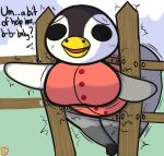  animal_crossing anthro aurora_(animal_crossing) avian big_breasts bird bottomless breasts chubby_female clothed clothing female imminent_sex klutzatdusk nervous nintendo penguin short_stack slightly_chubby solo stuck stuck_in_fence tight_clothing 