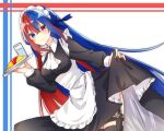  1girl alear_(female)_(fire_emblem) alear_(fire_emblem) apron blue_eyes blue_hair closed_mouth dress drink fire_emblem fire_emblem_engage hair_ribbon heterochromia highres holding holding_tray long_hair maid maid_apron maid_headdress multicolored_hair nekoyasiki_luna red_eyes red_hair ribbon tray two-tone_hair very_long_hair 