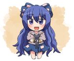  1girl bangle barefoot blue_bow blue_eyes blue_hair blue_skirt blush bow bracelet full_body grey_hoodie hair_between_eyes hair_bow hood hoodie jewelry long_hair open_mouth rokugou_daisuke short_sleeves signature skirt smile solo stuffed_animal stuffed_cat stuffed_toy touhou yorigami_shion 