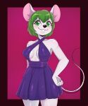  2023 5:6 5_fingers animal_crossing anthro artkett1412 black_nose bree_(animal_crossing) buckteeth clothed clothing dress eyelashes female fingers green_eyes green_hair hair hi_res looking_at_viewer mammal mouse murid murine nintendo purple_clothing purple_dress rodent short_hair smile solo tail teeth 