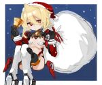  1girl android bell blonde_hair blue_background blush breasts christmas commentary_request hair_between_eyes hat highres holding holding_bell joints looking_at_viewer mechanical_arms mechanical_legs medium_hair navel neck_bell orange_eyes original robot_girl robot_joints sack santa_hat shimosuke small_breasts snow solo 