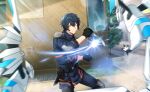  1boy black_gloves black_hair elbow_pads gloves gray_reverse hair_between_eyes happy_elements helios_rising_heroes highres holding holding_knife holding_weapon knife male_focus official_art one_eye_closed orange_eyes shoulder_pads teeth third-party_source weapon 