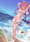  1girl absurdres armpits arms_behind_head barefoot beach blue_eyes blush breasts cleavage cleft_of_venus double_halo feet guyrys hair_ornament halo heterochromia highleg highleg_swimsuit highres hololive hololive_english horns irys_(hololive) large_breasts long_hair looking_at_viewer multicolored_hair multiple_horns navel nipples open_mouth pointy_ears presenting_armpit purple_eyes pussy red_hair shift_(shiftillust) smile solo star_halo streaked_hair swimsuit thigh_strap toes virtual_youtuber wardrobe_malfunction waves 