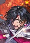  1boy armor black_hair blood blood_on_face blurry cloak constantine_xi_(fate) depth_of_field earrings embers fate/grand_order fate_(series) furrowed_brow grey_eyes hair_between_eyes heki0529 highres jewelry long_hair looking_at_viewer male_focus open_mouth solo sword teeth upper_body weapon white_armor white_cloak 