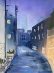  alley blue_sky building city fog highres night night_sky no_humans original painting_(medium) path plant potted_plant power_lines road sakaue111 scenery sky street traditional_media utility_pole window 