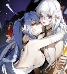  2girls akizero1510 azur_lane bare_back bare_shoulders black_dress black_nails black_ribbon blue_hair blush breasts crossed_bangs cup dress drinking_glass elbow_gloves enterprise_(azur_lane) enterprise_(heroic_finery)_(azur_lane) essex_(azur_lane) feathers gloves hair_between_eyes hair_ribbon highres holding holding_cup hug hurricane_glass large_breasts long_hair looking_at_viewer multiple_girls official_alternate_costume open_mouth purple_eyes red_eyes ribbon sideboob twintails white_feathers white_gloves white_hair 
