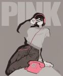  1girl black_hair black_pants blending corded_phone covering_one_eye english_text feet_out_of_frame grey_background grey_shirt headphones highres long_sleeves original pants phone pink_nails shirt short_hair signature solo spot_color syooooyoooo v 