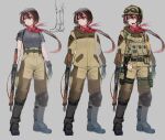  1girl absurdres assault_rifle bandana boots breasts brown_hair brown_headwear brown_jacket brown_pants commentary_request dog_tags ear_protection flat_cap goggles goggles_on_headwear grey_background grey_footwear grey_shirt gun hair_between_eyes hat headset highres holding holding_gun holding_weapon jacket kalashnikov_rifle knee_boots knee_pads long_hair low_ponytail multicolored_hair multiple_views original pants ponytail red_eyes rifle shirt short_sleeves simple_background single_knee_pad small_breasts streaked_hair tuziki_sang v-shaped_eyebrows very_long_hair weapon weapon_request 