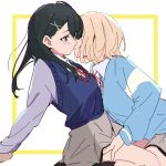  2girls aqua_eyes atenaba black_hair blonde_hair blue_cardigan blue_sweater_vest blush cardigan chromatic_aberration collared_shirt commentary grey_skirt hair_ornament hairclip hand_on_another&#039;s_thigh highres honda_sora imminent_kiss lonely_girl_ni_sakaraenai long_hair long_sleeves looking_at_another multiple_girls puffy_sleeves sakurai_ayaka_(lonely_girl_ni_sakaraenai) school_uniform shirt short_hair simple_background sitting skirt sweatdrop sweater_vest wariza white_background white_shirt yuri 