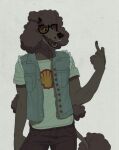  anthro arm_tuft canid canine canis clothing curled_hair dean_(terribleanimal) denim denim_clothing denim_jacket denim_vest domestic_dog elbow_tuft eyewear fangs fur gesture gold_(metal) gold_tooth grey_hair hair hi_res male mammal middle_finger open_mouth open_smile poodle shirt simple_background smile solo sunglasses t-shirt tail tail_tuft tan_body tan_fur teeth terribleanimal topwear tuft white_background wide_eyed 
