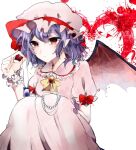  1girl bat_wings blue_hair blush bow bowtie closed_mouth collared_shirt commentary frilled_hat frilled_shirt_collar frilled_sleeves frilled_wrist_cuffs frills gem hand_on_lap hand_up hat hat_ribbon heart holding holding_jewelry holding_necklace jewelry light_frown long_skirt looking_at_hand mob_cap necklace paint_splatter pearl_necklace pendant pink_headwear pink_shirt pink_skirt pink_wrist_cuffs pointy_ears puffy_short_sleeves puffy_sleeves red_bow red_eyes red_gemstone red_ribbon remilia_scarlet ribbon shirt short_hair short_sleeves single_wrist_cuff sitting skirt skirt_set sleeve_bow suzune_hapinesu touhou white_background wings wrist_cuffs yellow_bow yellow_bowtie 