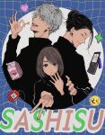  1girl 2boys black_eyes black_hair blue_background blue_eyes brown_hair candy carton cellphone closed_mouth crossed_arms ear_piercing food getou_suguru gojou_satoru grey_hair hair_bun hair_pulled_back hand_up hands_up highres holding holding_candy holding_food holding_lollipop ieiri_shoko jacket jujutsu_kaisen lollipop long_sleeves looking_at_viewer milk_carton mole mole_under_mouth multiple_boys namida_a2 open_mouth phone piercing short_hair smile upper_body v 