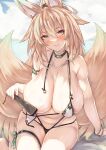  1girl alexi_oekaki animal_ears areola_slip arm_strap bikini black_choker blonde_hair blush bracelet breasts choker cleavage commentary_request highres huge_breasts jewelry long_hair looking_at_viewer multiple_tails navel o-ring original outdoors parted_lips sitting smile swimsuit tail thigh_strap thighs white_bikini yellow_eyes 