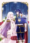  1boy 1girl belt blue_eyes blue_hair brother_and_sister cape circlet dreamsaga dress fire_emblem fire_emblem:_genealogy_of_the_holy_war gloves julia_(fire_emblem) long_hair ponytail purple_eyes purple_hair seliph_(fire_emblem) siblings snowman 