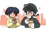  1boy 1girl bag black_hair blue_eyes blue_hair blush city closed_eyes food hair_between_eyes holding holding_food paper_bag ranma_1/2 saotome_ranma short_hair signature simple_background smile tendou_akane wanta_(futoshi) white_background 