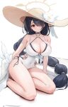  1girl absurdres arm_support black_hair blue_archive breasts curvy hair_over_one_eye halo hat highres hinata_(blue_archive) hinata_(swimsuit)_(blue_archive) large_breasts legs long_hair looking_at_viewer malon_(chuan2700) one-piece_swimsuit red_eyes simple_background solo swimsuit thick_thighs thighs white_background white_one-piece_swimsuit 