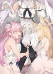 3girls animal_ear_fluff animal_ears black_pantyhose blonde_hair blue_archive blush breasts bulge detached_sleeves dress erection erection_under_clothes feathered_wings flower futa_with_female futanari grey_hair hair_bun hair_flower hair_ornament halo highres leg_grab long_hair long_sleeves medium_breasts mika_(blue_archive) multiple_girls nagisa_(blue_archive) one_eye_closed open_mouth pantyhose pink_hair second-party_source seia_(blue_archive) single_side_bun sleeveless sleeveless_dress sleeves_past_fingers sleeves_past_wrists spoken_character standing uno_ryoku white_dress white_wings wings yellow_eyes 
